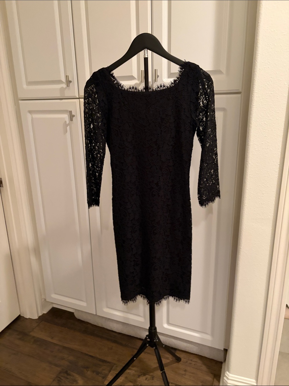 Classic DVF Black Lace Sheath Dress with Three-Quarter Sleeves